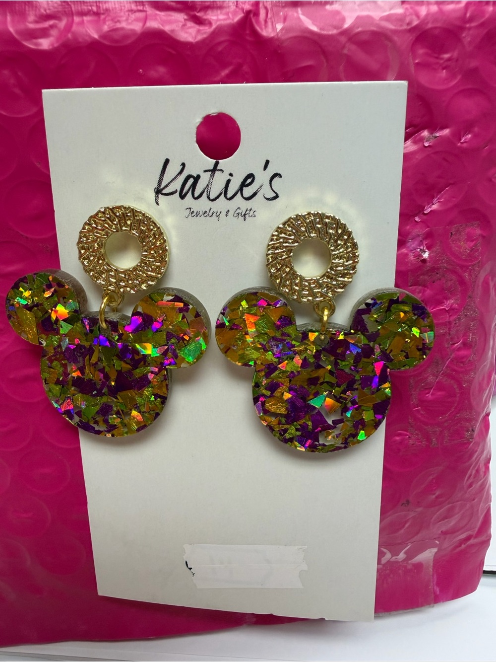 Gold Glitter Mickey Earrings - Multicolor Sparkle